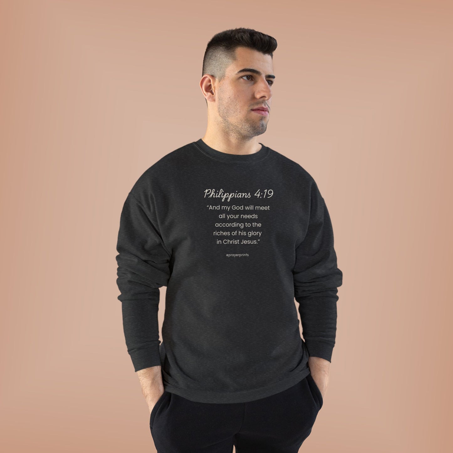 Comfortable Eco-Friendly Crewneck Sweatshirt with Inspirational Philippians 4:19 Quote