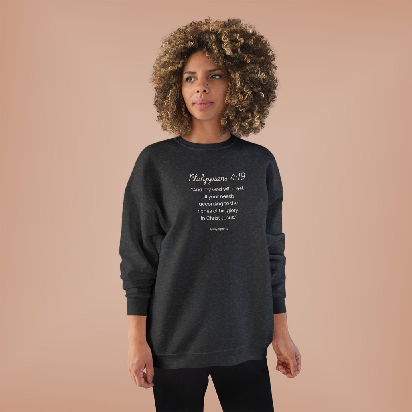 Comfortable Eco-Friendly Crewneck Sweatshirt with Inspirational Philippians 4:19 Quote