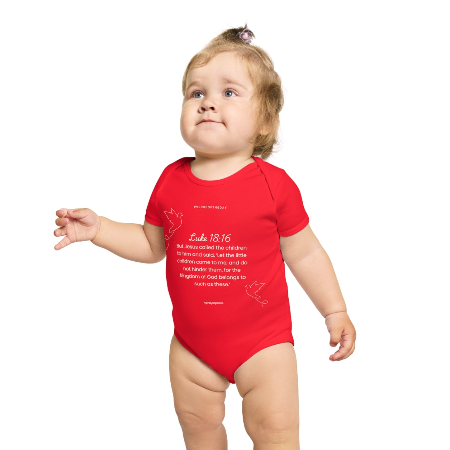 Inspirational Baby Bodysuit - Luke 18:16 - Short Sleeve Faith Clothing