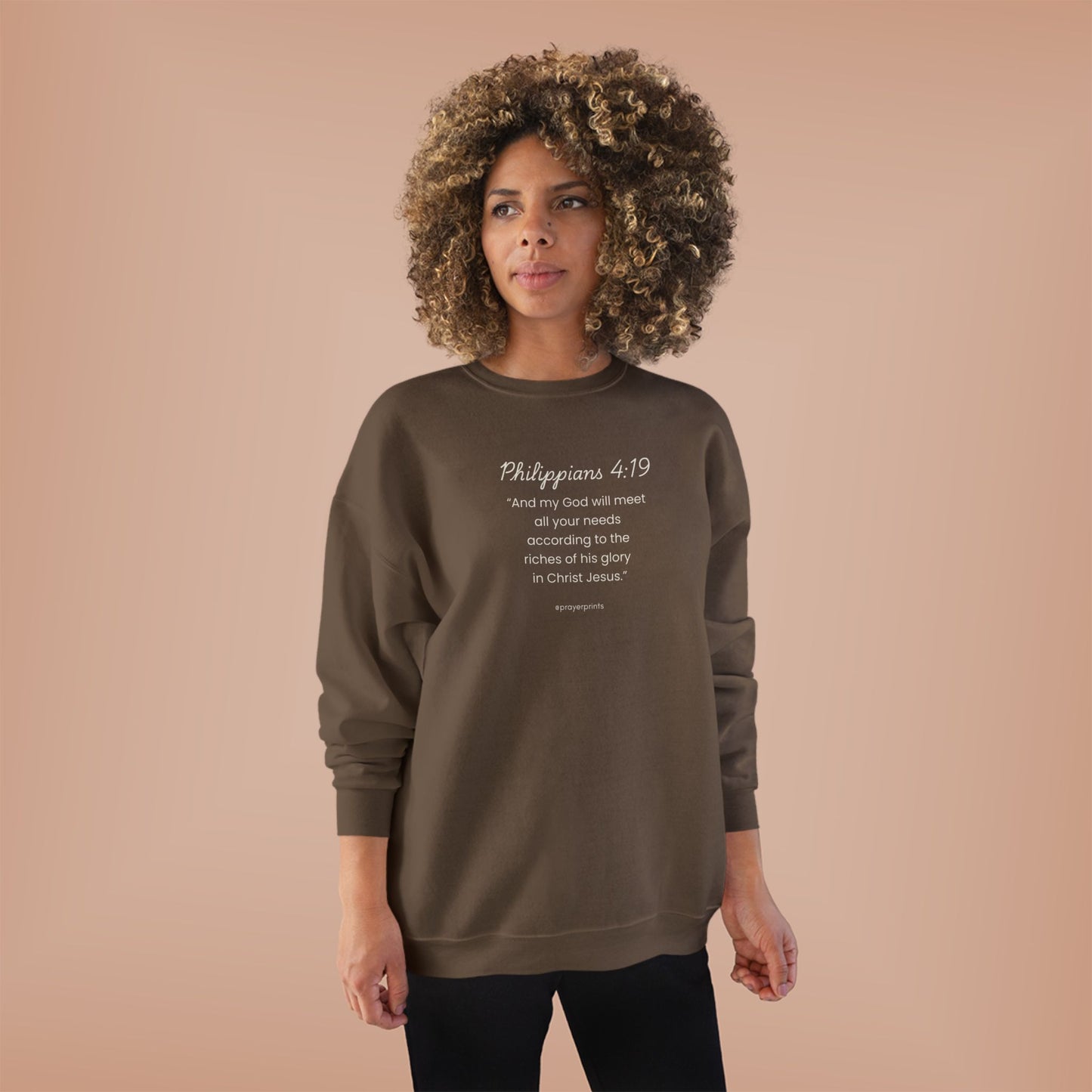 Comfortable Eco-Friendly Crewneck Sweatshirt with Inspirational Philippians 4:19 Quote