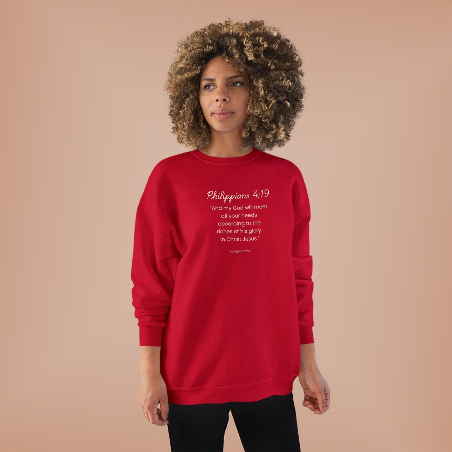 Comfortable Eco-Friendly Crewneck Sweatshirt with Inspirational Philippians 4:19 Quote
