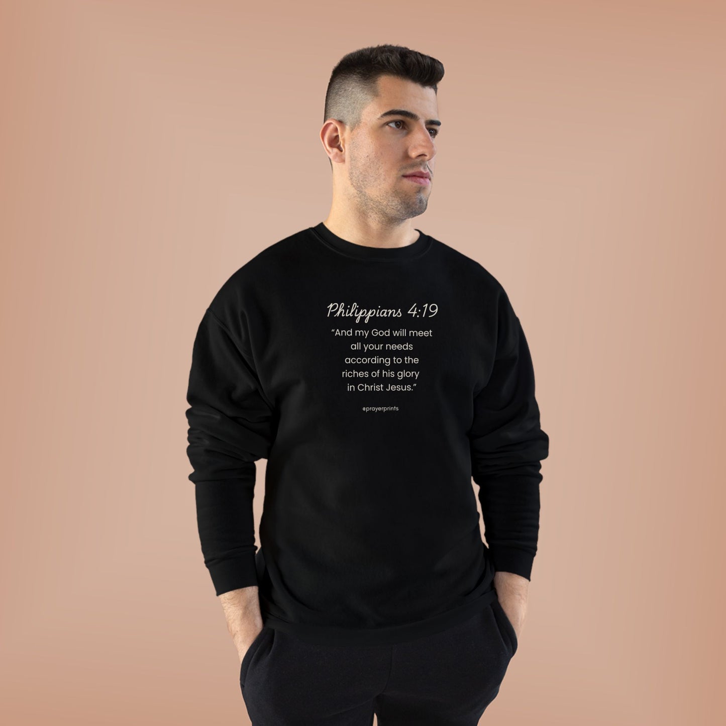 Comfortable Eco-Friendly Crewneck Sweatshirt with Inspirational Philippians 4:19 Quote