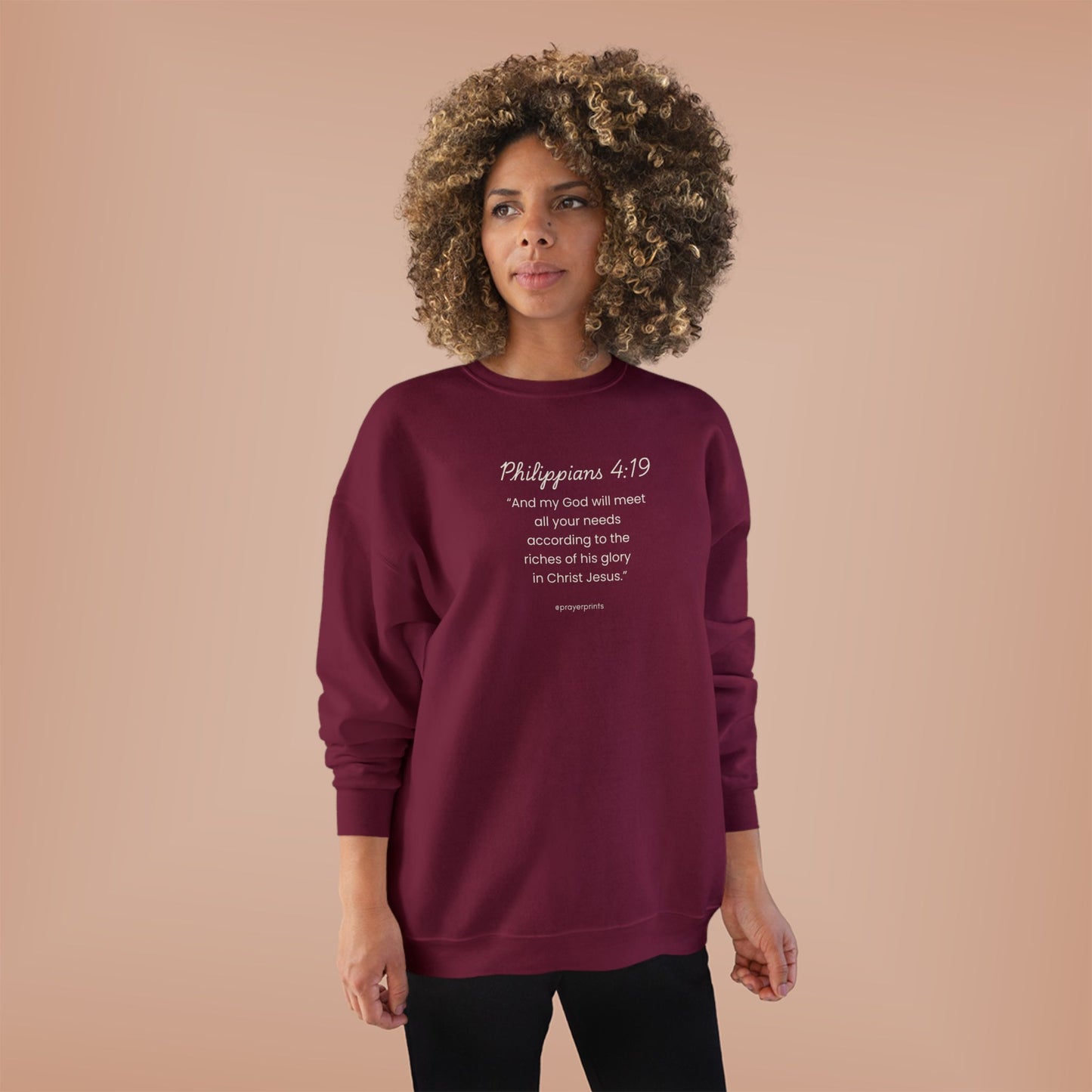 Comfortable Eco-Friendly Crewneck Sweatshirt with Inspirational Philippians 4:19 Quote