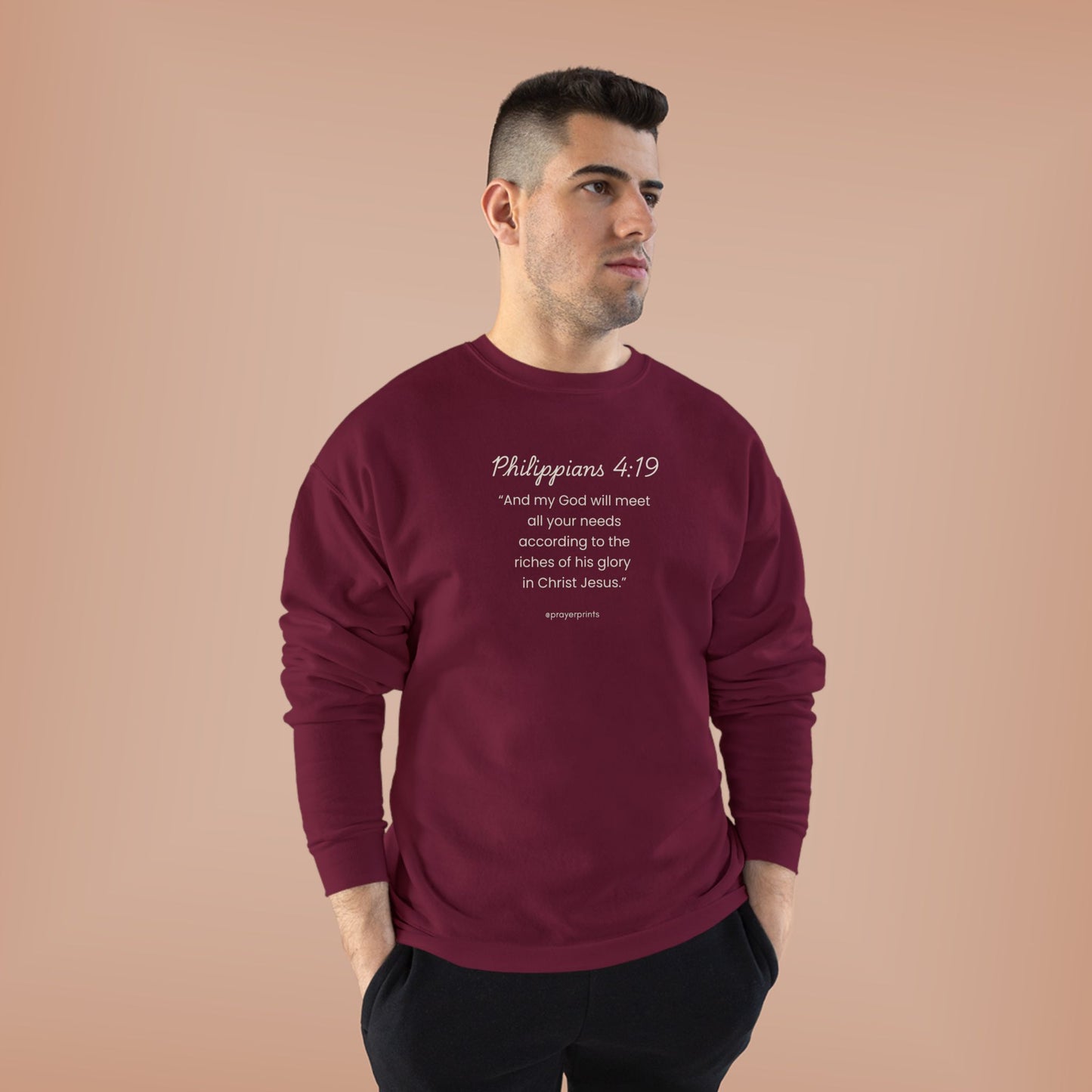 Comfortable Eco-Friendly Crewneck Sweatshirt with Inspirational Philippians 4:19 Quote