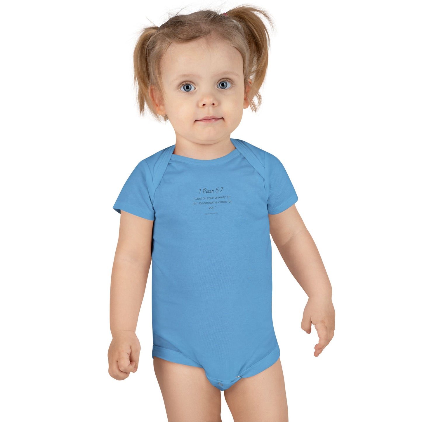 Inspirational Baby Onesie - 1 Peter 5:7 Scripture Gift