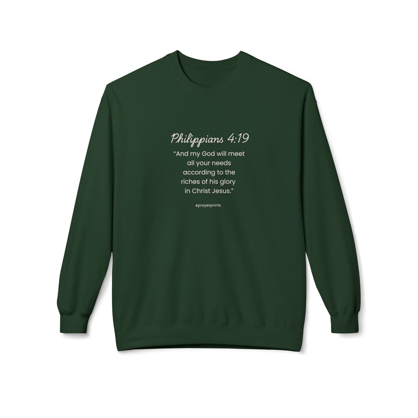 Faith-Inspired Fleece Crewneck Sweatshirt with Philippians 4:19 Quote