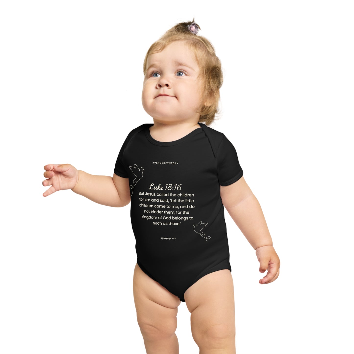 Inspirational Baby Bodysuit - Luke 18:16 - Short Sleeve Faith Clothing