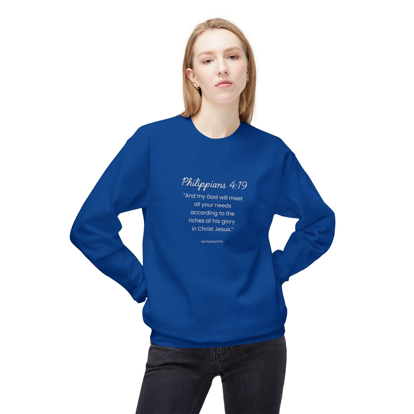 Faith-Inspired Fleece Crewneck Sweatshirt with Philippians 4:19 Quote