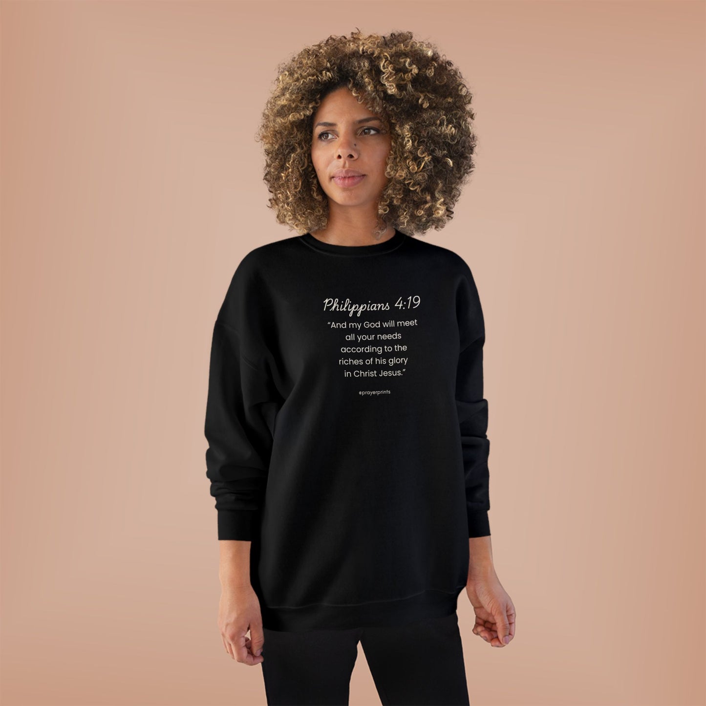 Comfortable Eco-Friendly Crewneck Sweatshirt with Inspirational Philippians 4:19 Quote
