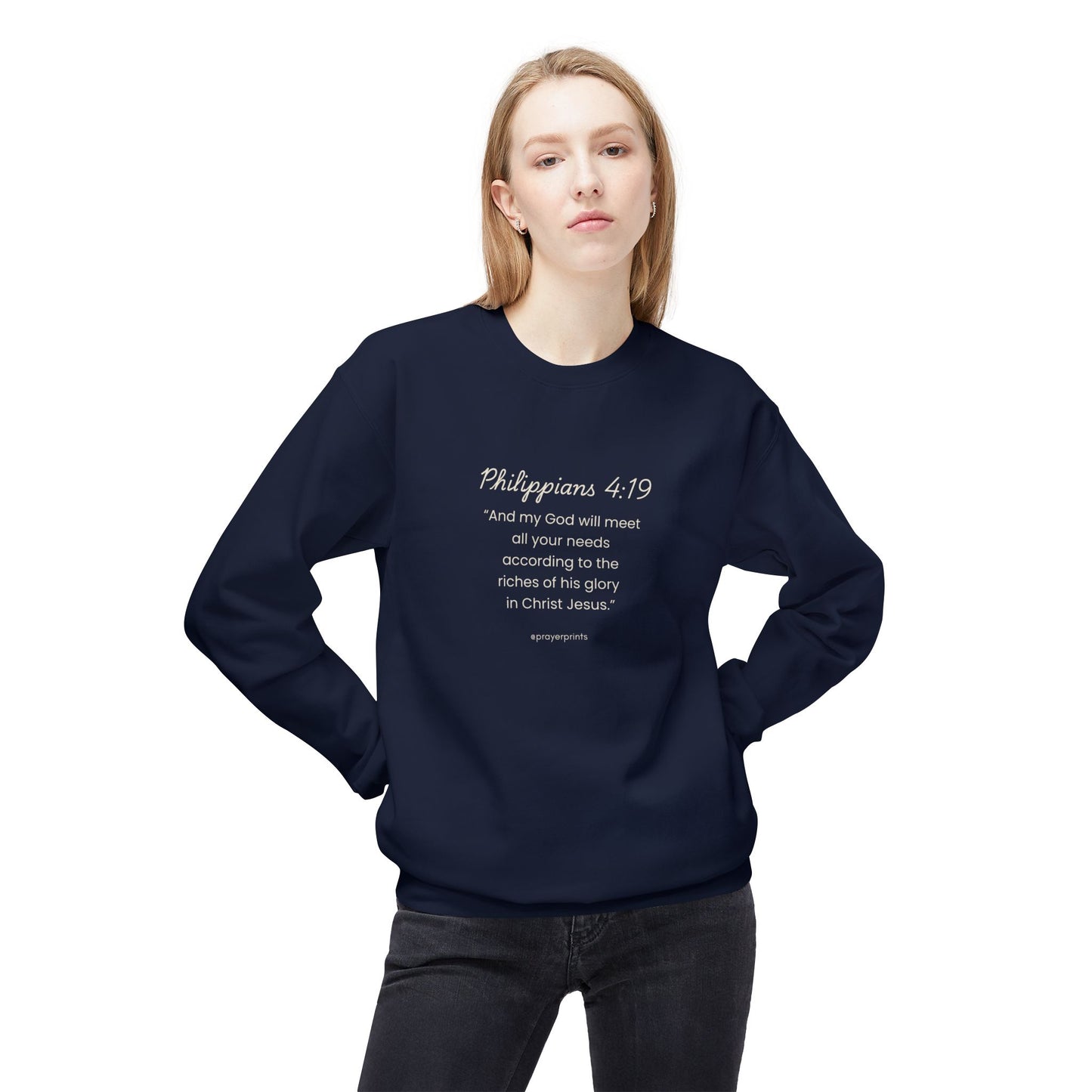 Faith-Inspired Fleece Crewneck Sweatshirt with Philippians 4:19 Quote