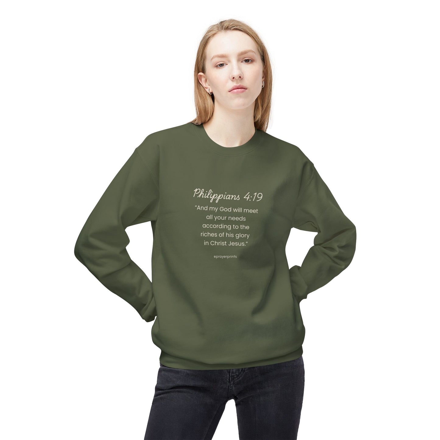 Faith-Inspired Fleece Crewneck Sweatshirt with Philippians 4:19 Quote