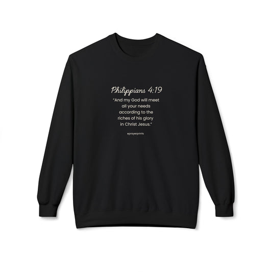 Faith-Inspired Fleece Crewneck Sweatshirt with Philippians 4:19 Quote