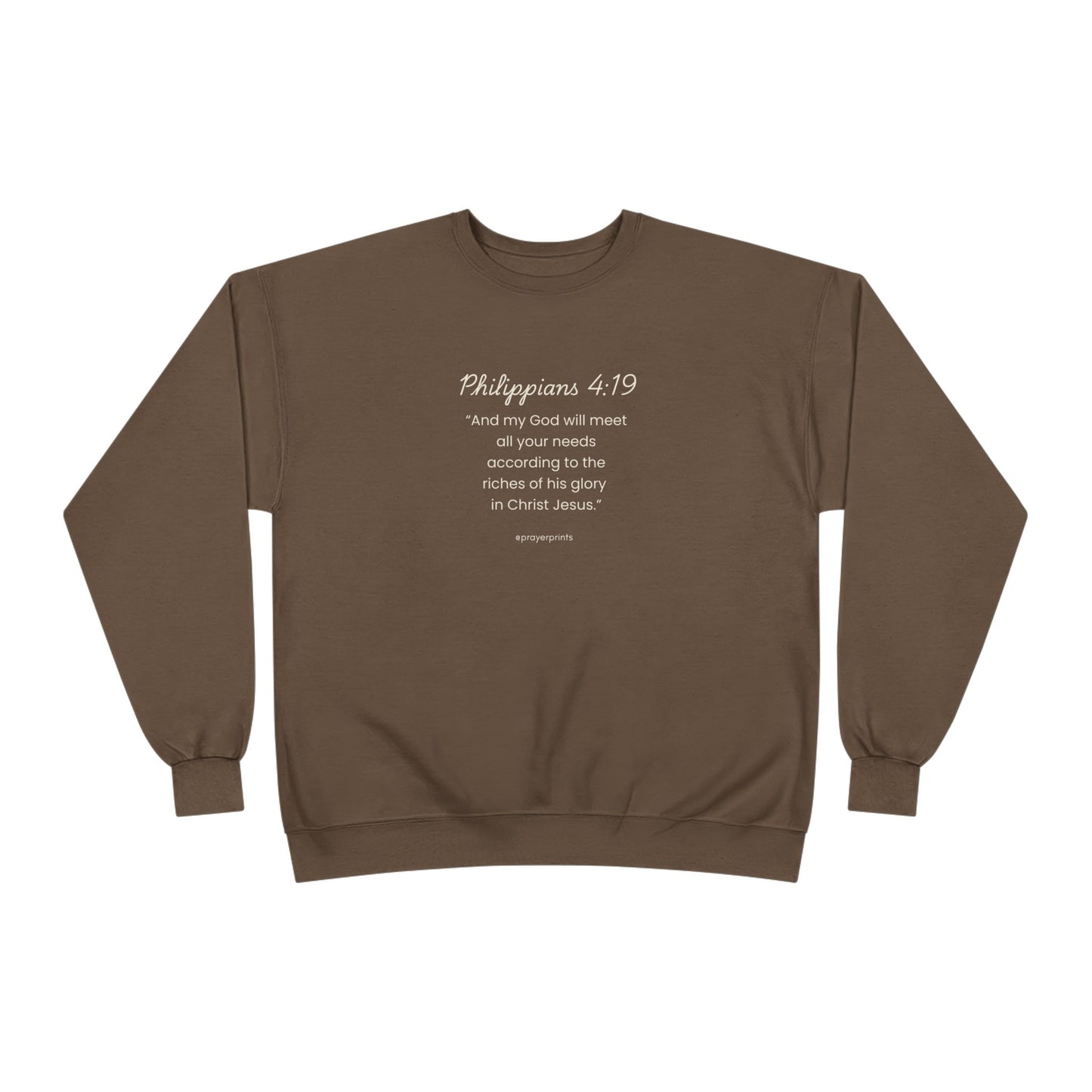 Comfortable Eco-Friendly Crewneck Sweatshirt with Inspirational Philippians 4:19 Quote