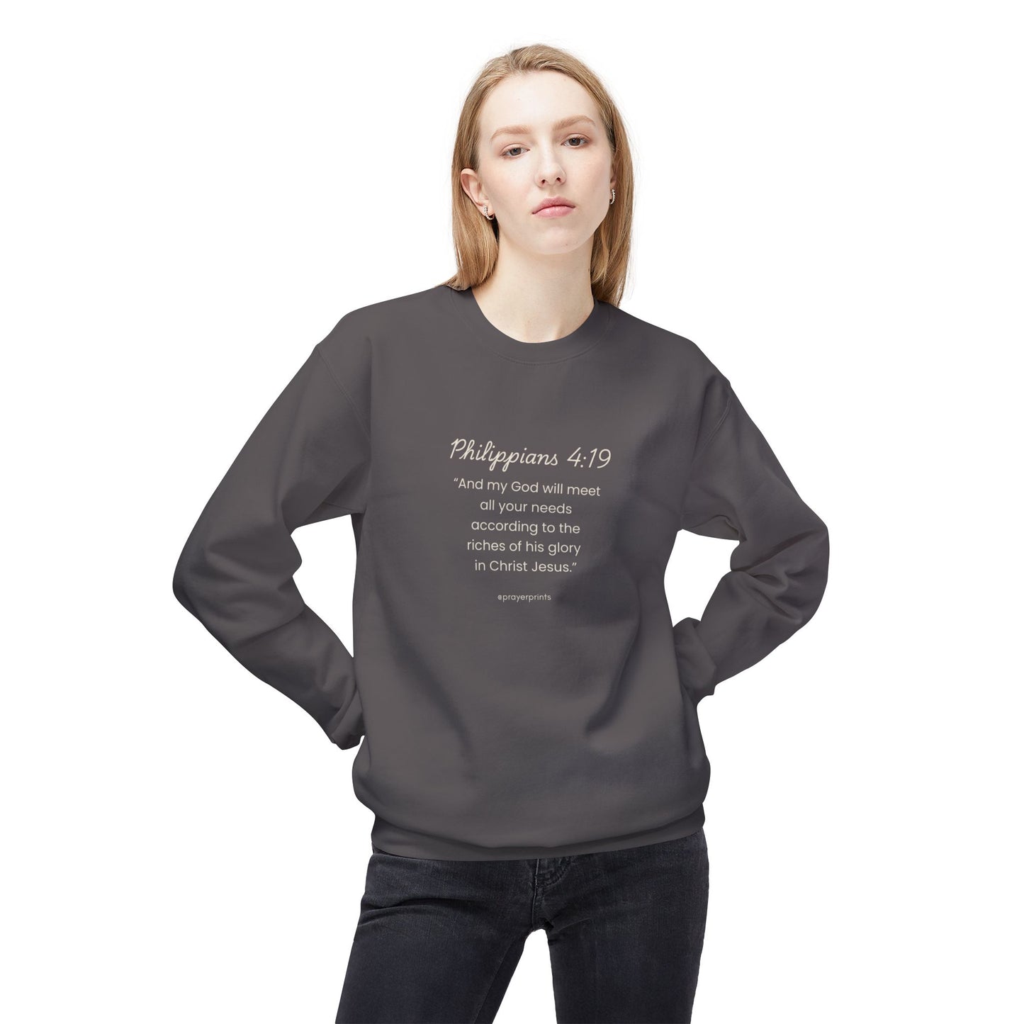 Faith-Inspired Fleece Crewneck Sweatshirt with Philippians 4:19 Quote