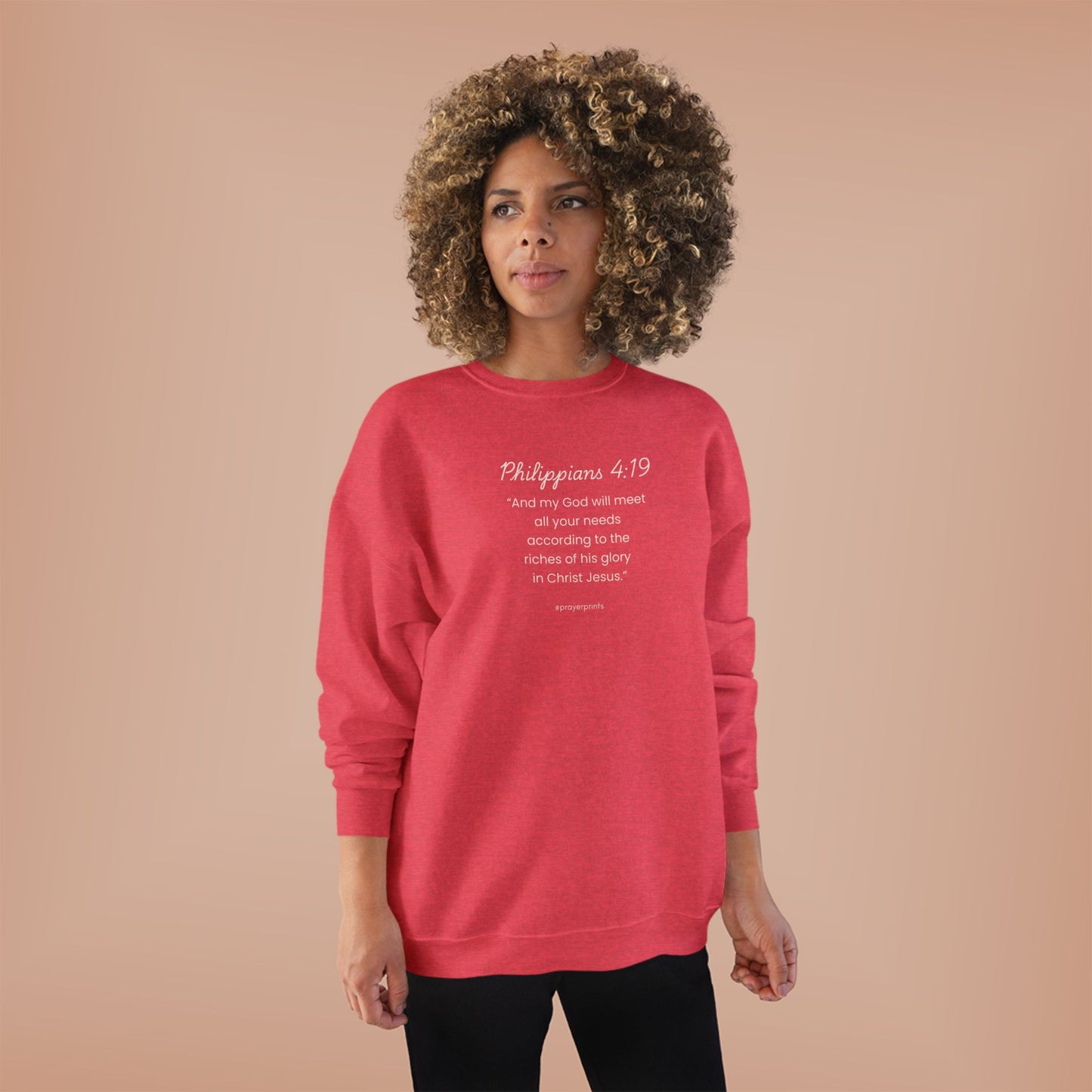 Comfortable Eco-Friendly Crewneck Sweatshirt with Inspirational Philippians 4:19 Quote