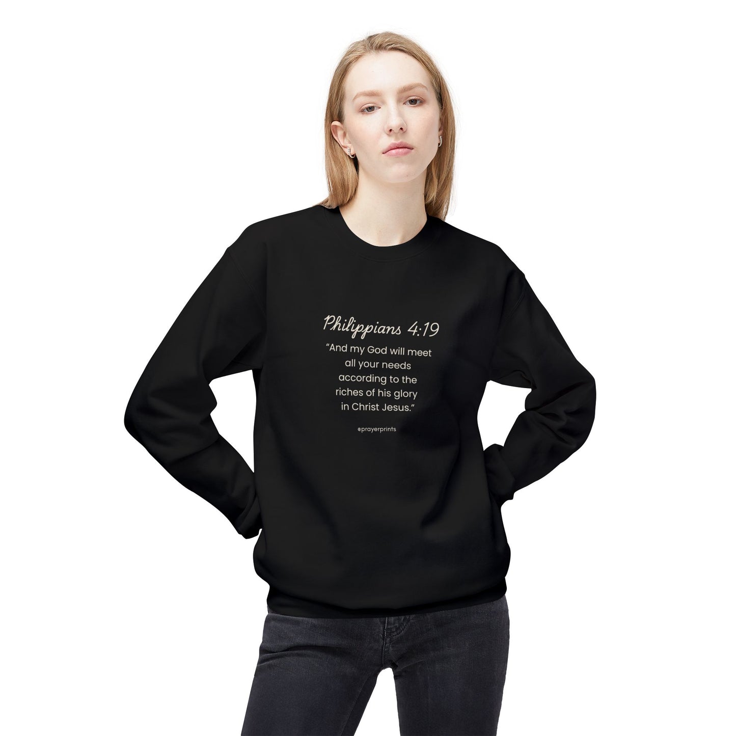 Faith-Inspired Fleece Crewneck Sweatshirt with Philippians 4:19 Quote