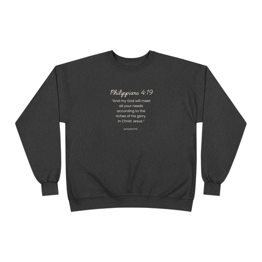 Comfortable Eco-Friendly Crewneck Sweatshirt with Inspirational Philippians 4:19 Quote