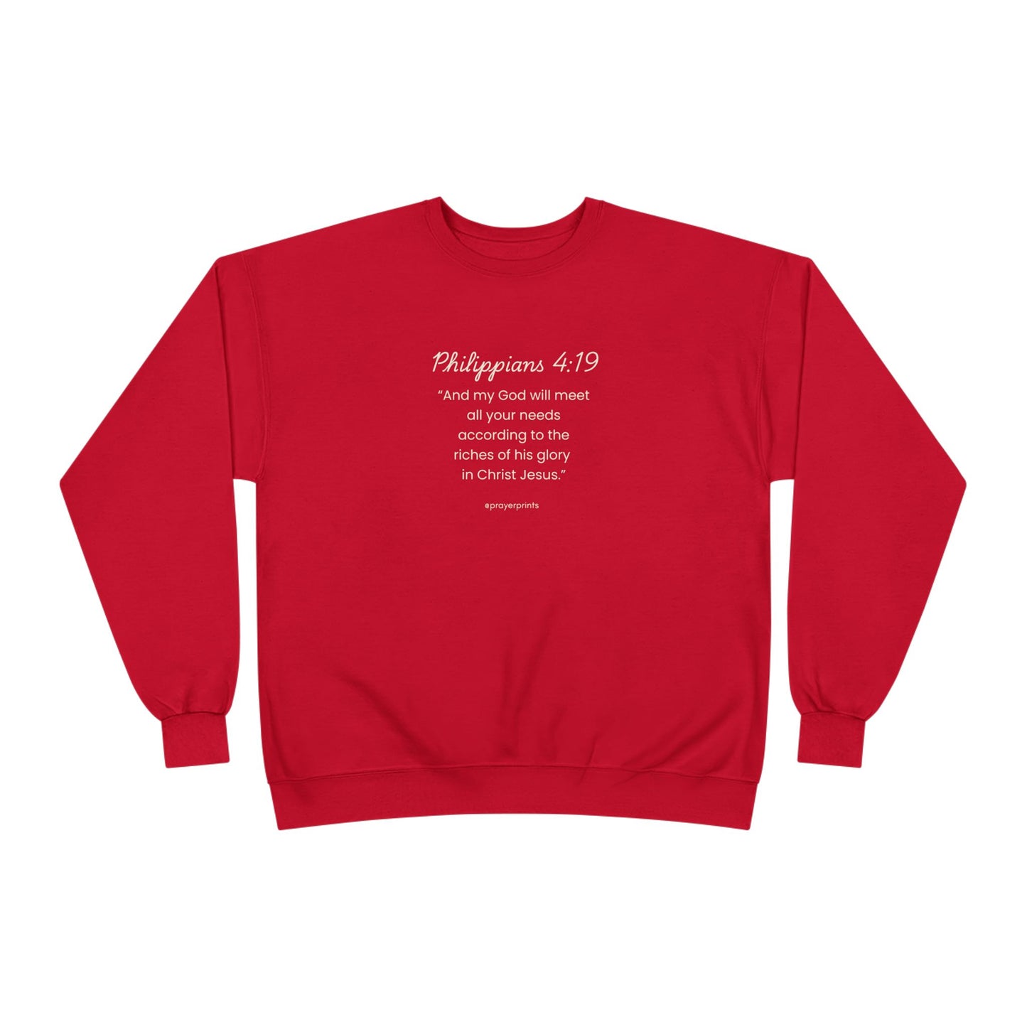 Comfortable Eco-Friendly Crewneck Sweatshirt with Inspirational Philippians 4:19 Quote