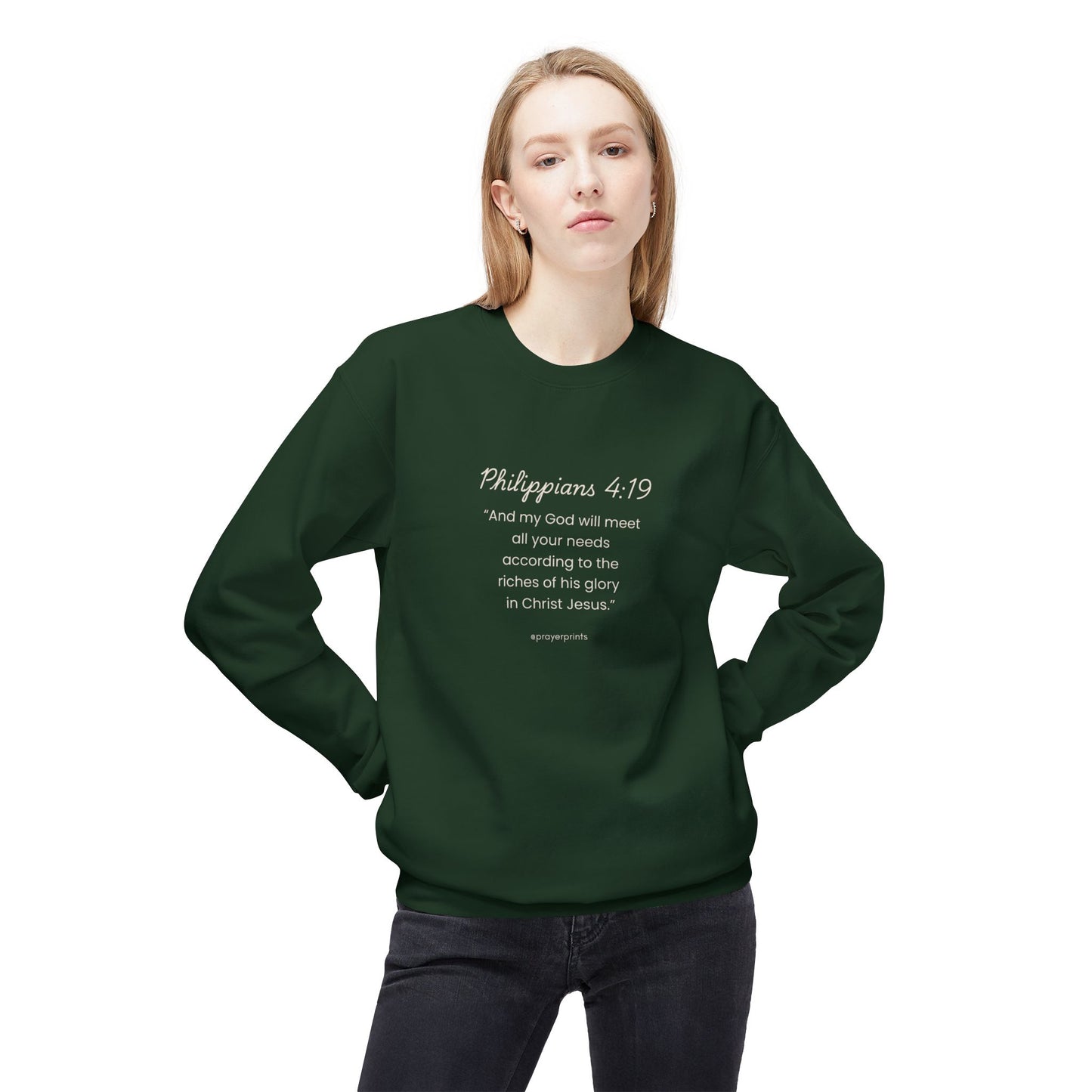 Faith-Inspired Fleece Crewneck Sweatshirt with Philippians 4:19 Quote