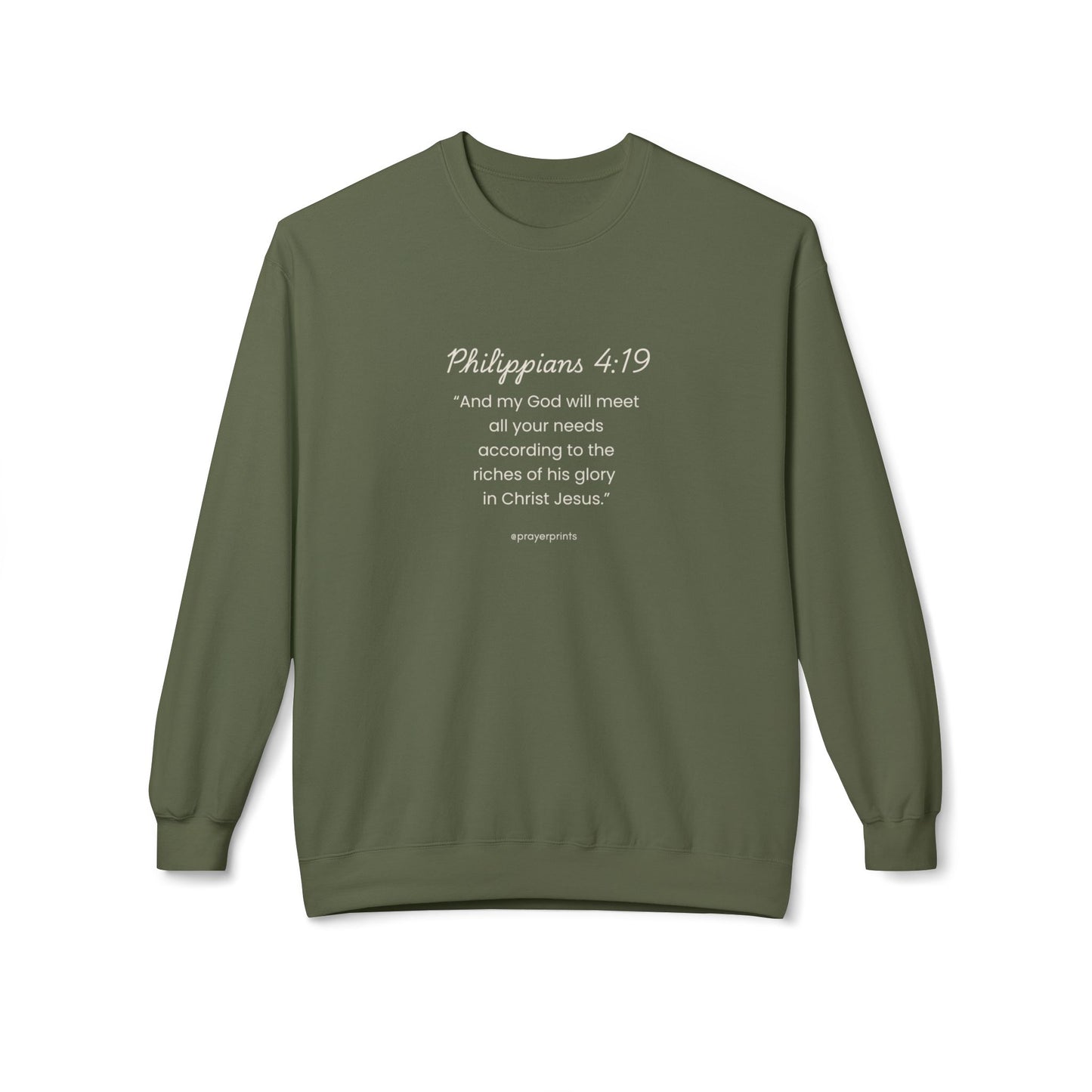 Faith-Inspired Fleece Crewneck Sweatshirt with Philippians 4:19 Quote